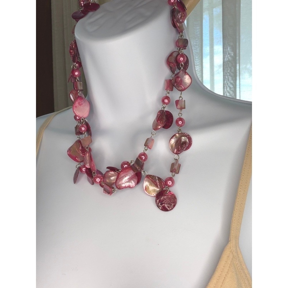Shell Pearl Necklace Women Pink Iridescent Long Strand Bead